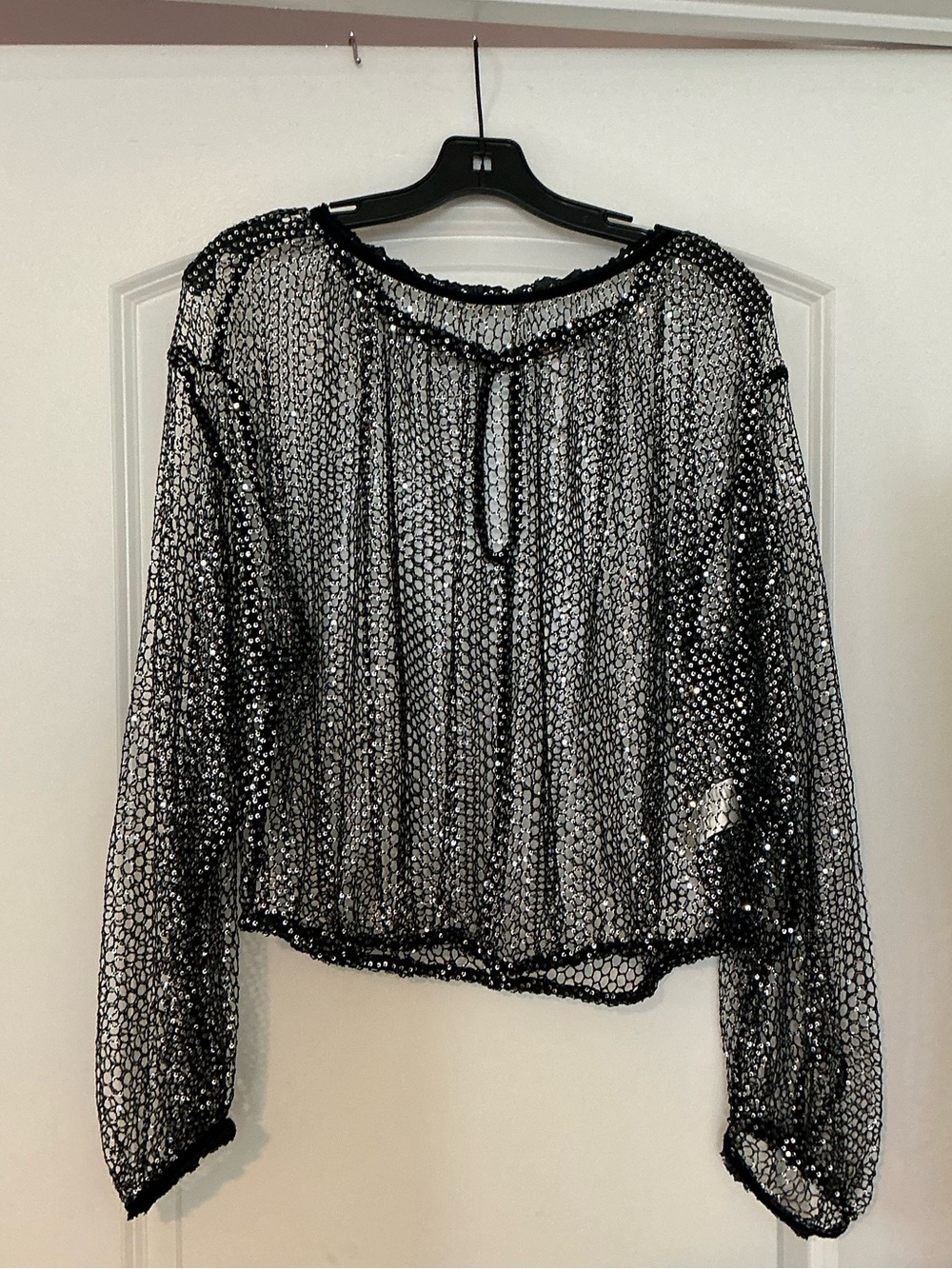 Free People Black Mesh Sequin Blouse with Silver Sparkle - Picture 3 of 5